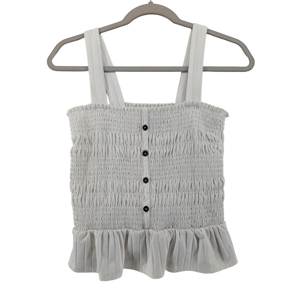 Arizona Jeans Tank Top L White Smocked Peplum Sleeveless Button Accent‎ Ruffled